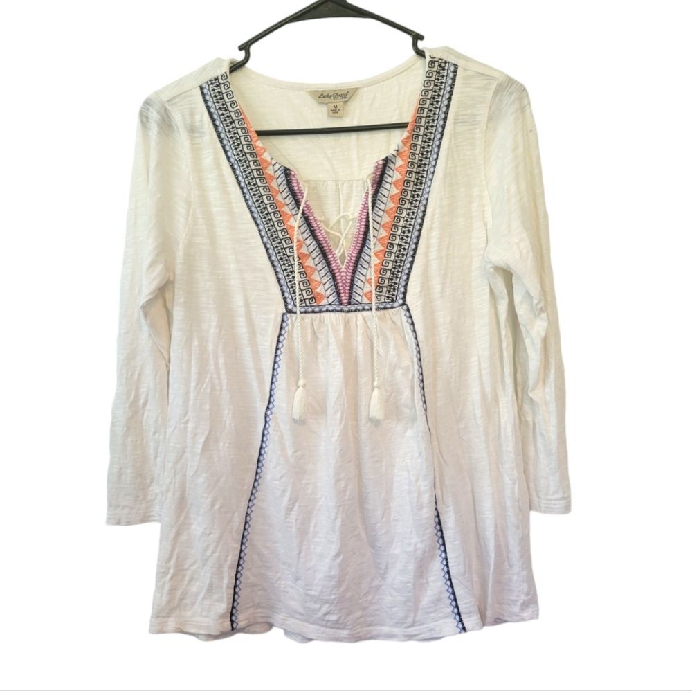 Lucky Brand Cream Embroidered Peasant Top Size Medium Boho